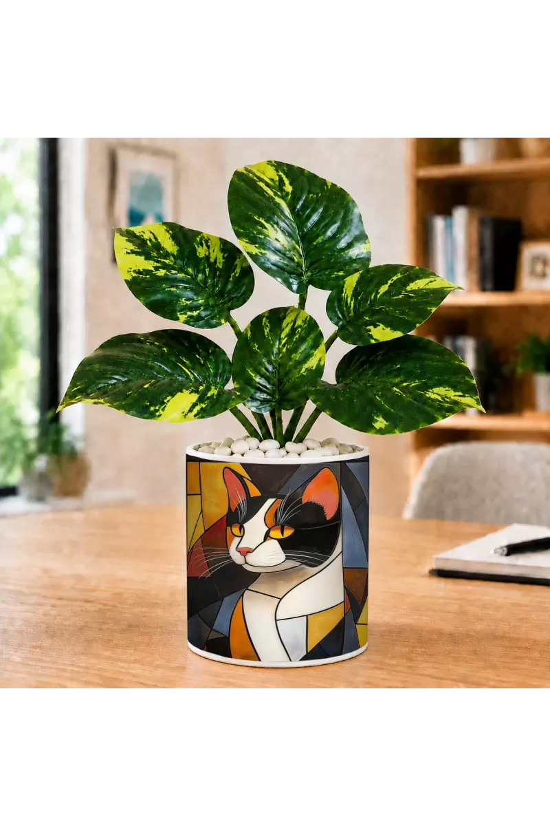 Artificial Tree Ceramic Photo Pot With White Stones 3x4 Inch (F166031)