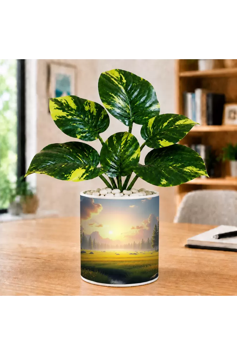 Artificial Tree Ceramic Photo Pot With White Stones 3x4 Inch (F166032)