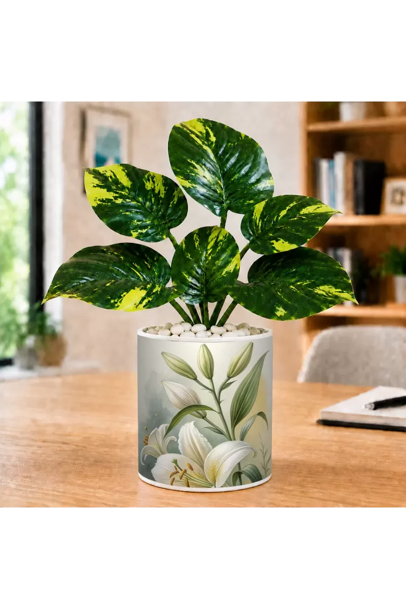 Artificial Tree Ceramic Photo Pot With White Stones 3x4 Inch (F166037)