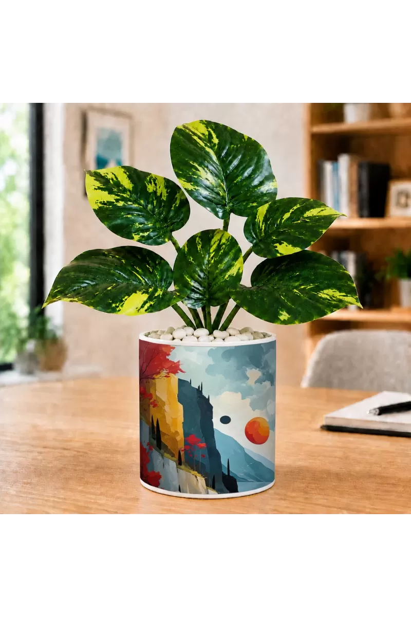Artificial Tree Ceramic Photo Pot With White Stones 3x4 Inch (F166042)