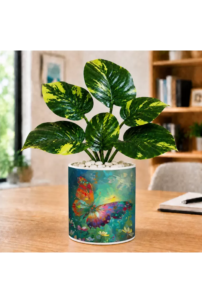 Artificial Tree Ceramic Photo Pot With White Stones 3x4 Inch (F166047)