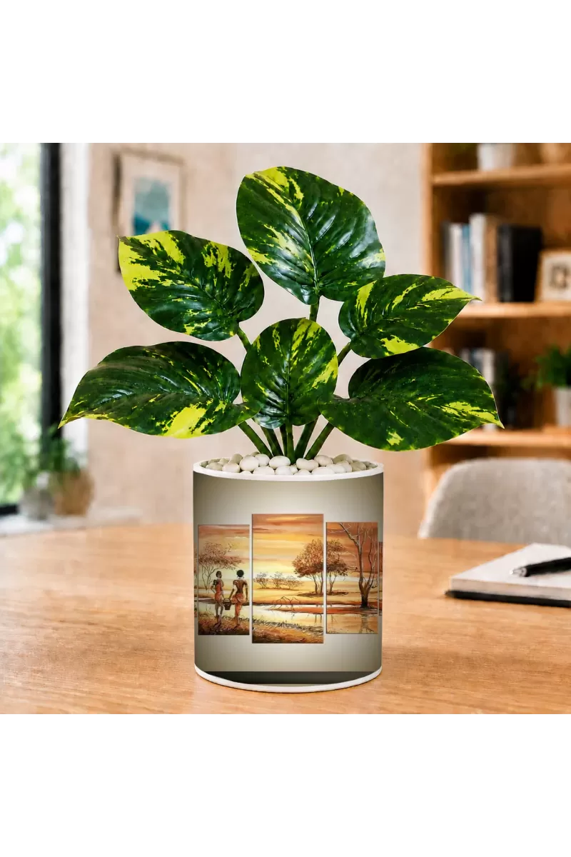 Artificial Tree Ceramic Photo Pot With White Stones 3x4 Inch (F166062)