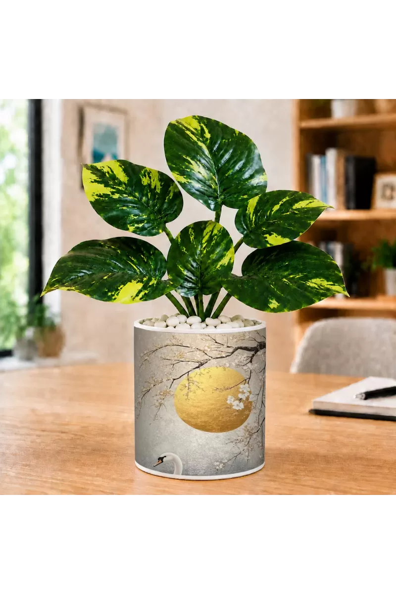 Artificial Tree Ceramic Photo Pot With White Stones 3x4 Inch (F166069)