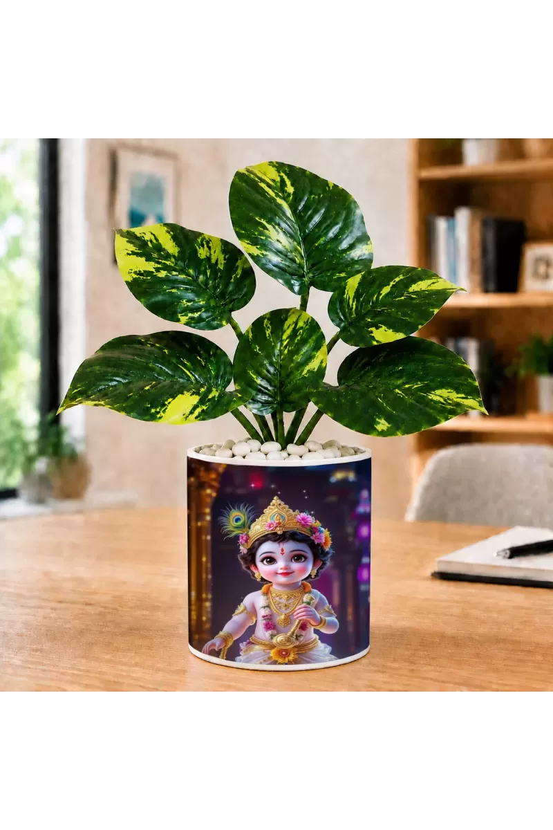 Artificial Tree Ceramic Photo Pot With White Stones 3x4 Inch (F166071)
