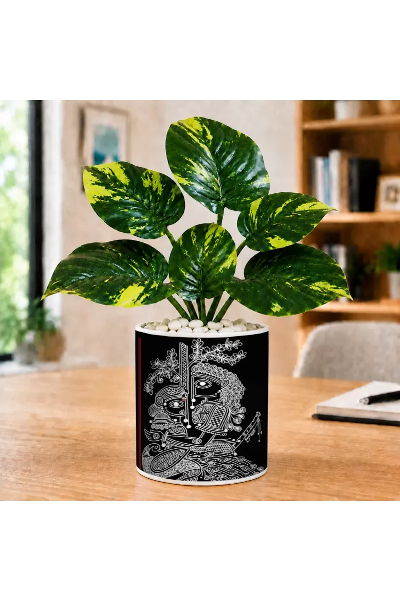 Artificial Tree Ceramic Photo Pot With White Stones 3x4 Inch (F166073)