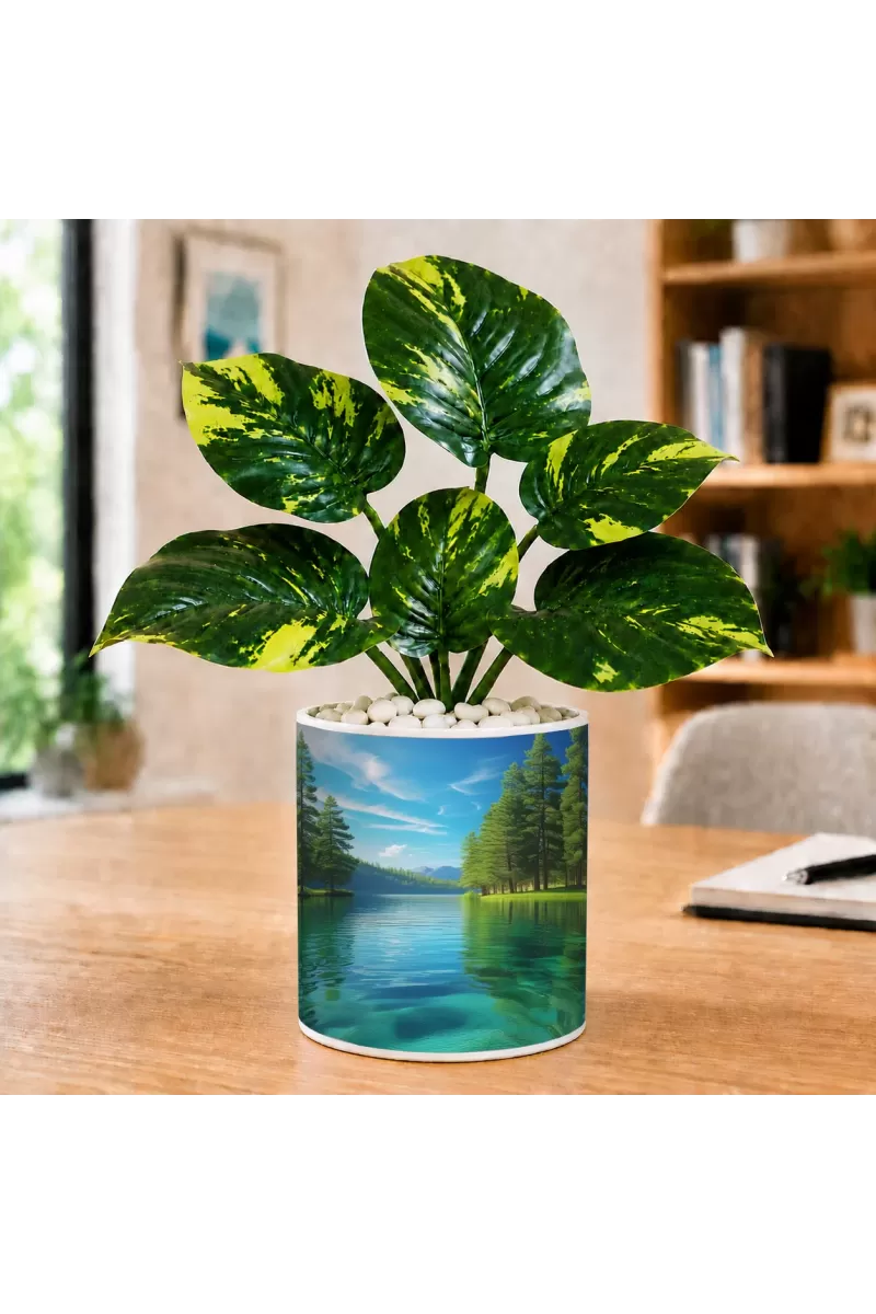 Artificial Tree Ceramic Photo Pot With White Stones 3x4 Inch (F166075)