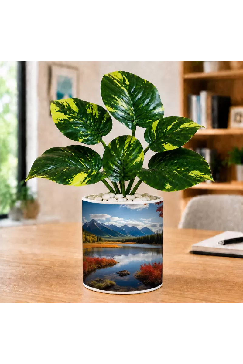 Artificial Tree Ceramic Photo Pot With White Stones 3x4 Inch (F166079)