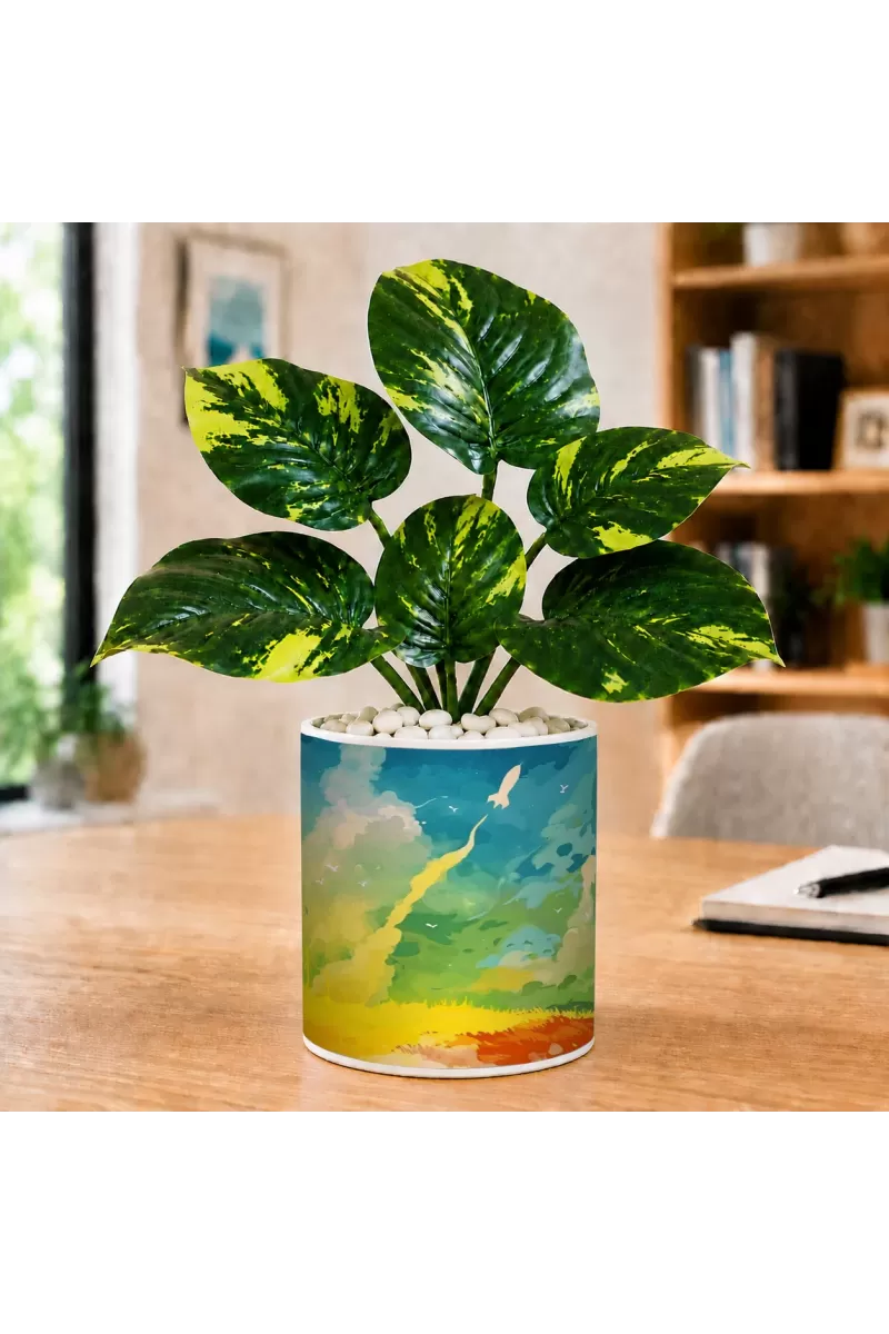 Artificial Tree Ceramic Photo Pot With White Stones 3x4 Inch (F166082)