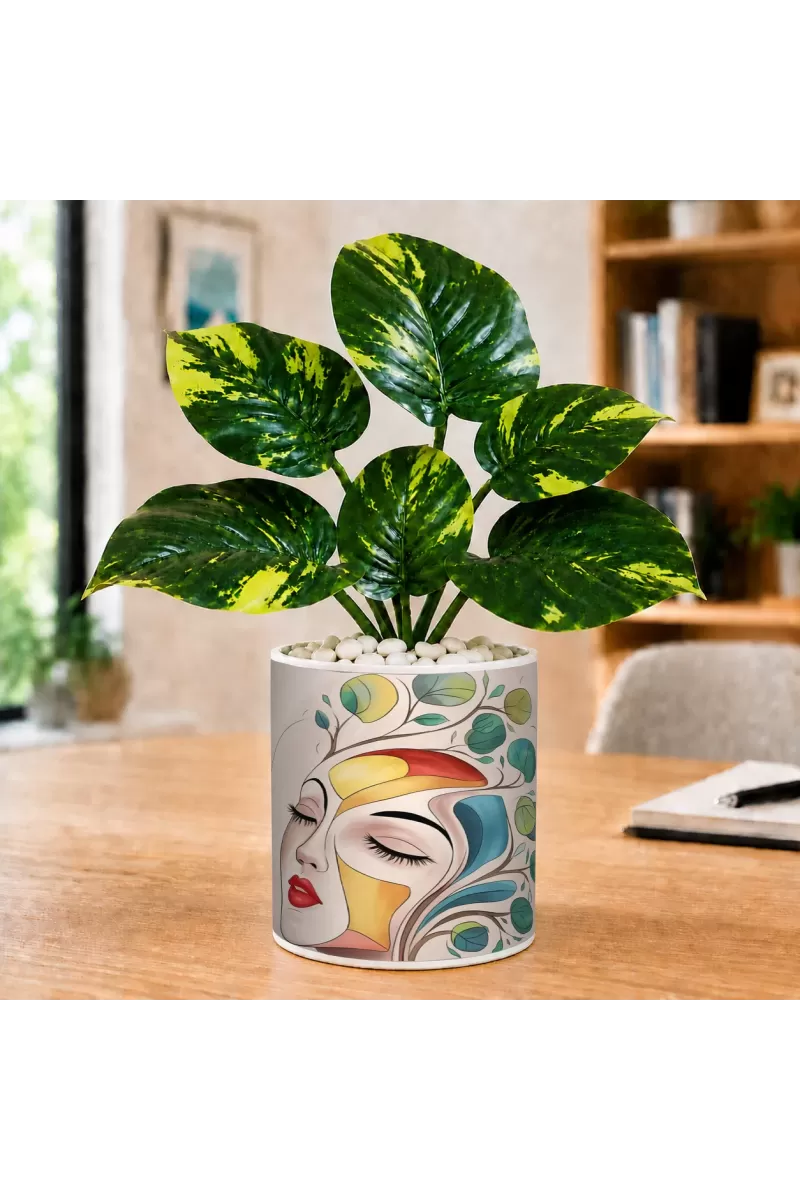 Artificial Tree Ceramic Photo Pot With White Stones 3x4 Inch (F166083)
