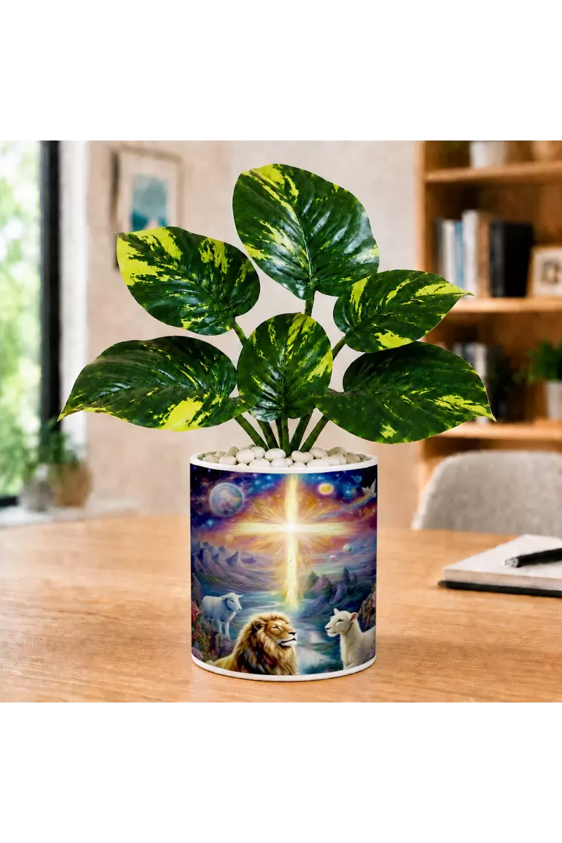 Artificial Tree Ceramic Photo Pot With White Stones 3x4 Inch (F166086)