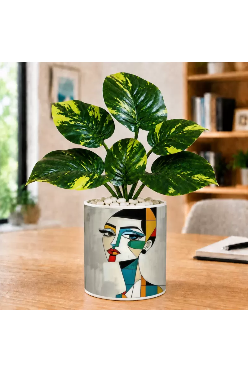 Artificial Tree Ceramic Photo Pot With White Stones 3x4 Inch (F166095)
