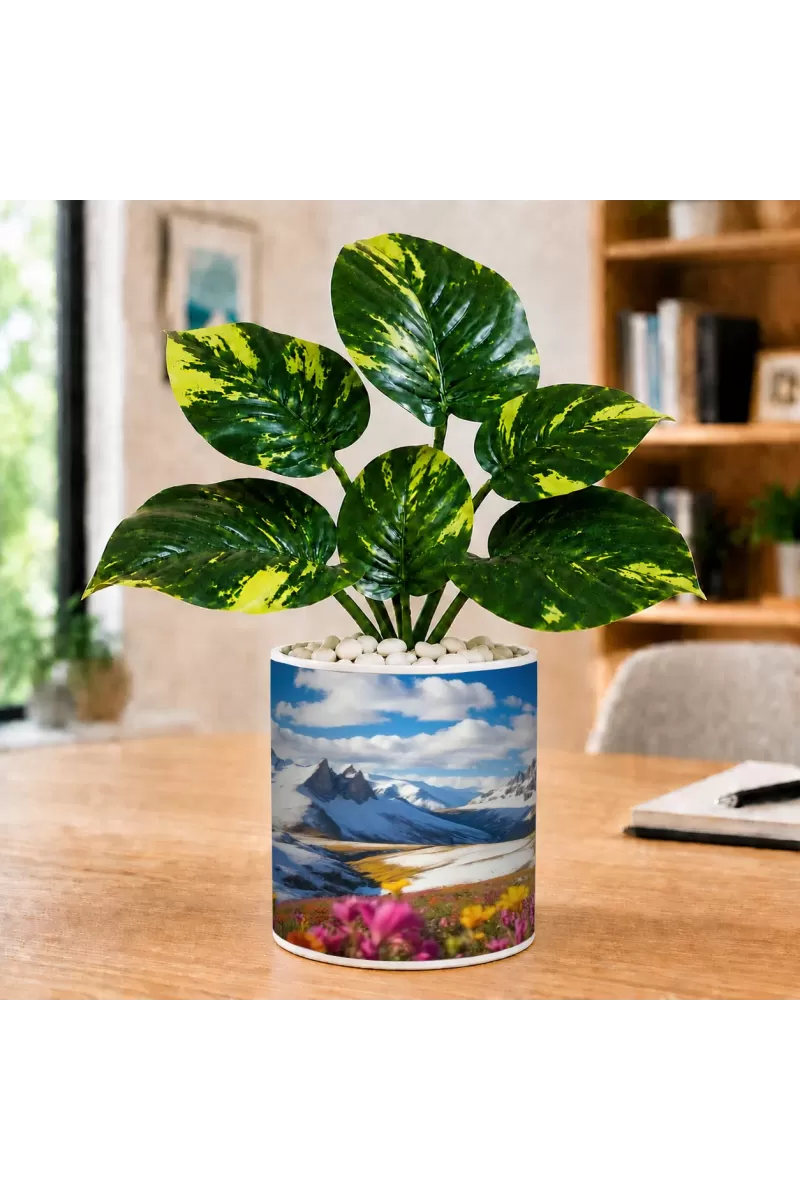 Artificial Tree Ceramic Photo Pot With White Stones 3x4 Inch (F166098)