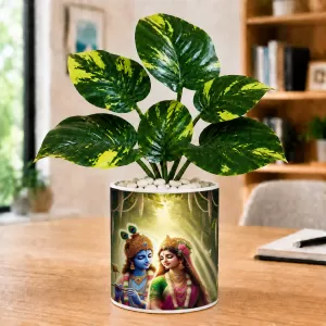 Artificial Tree Ceramic Photo Pot With White Stones 3x4 Inch (F166106)