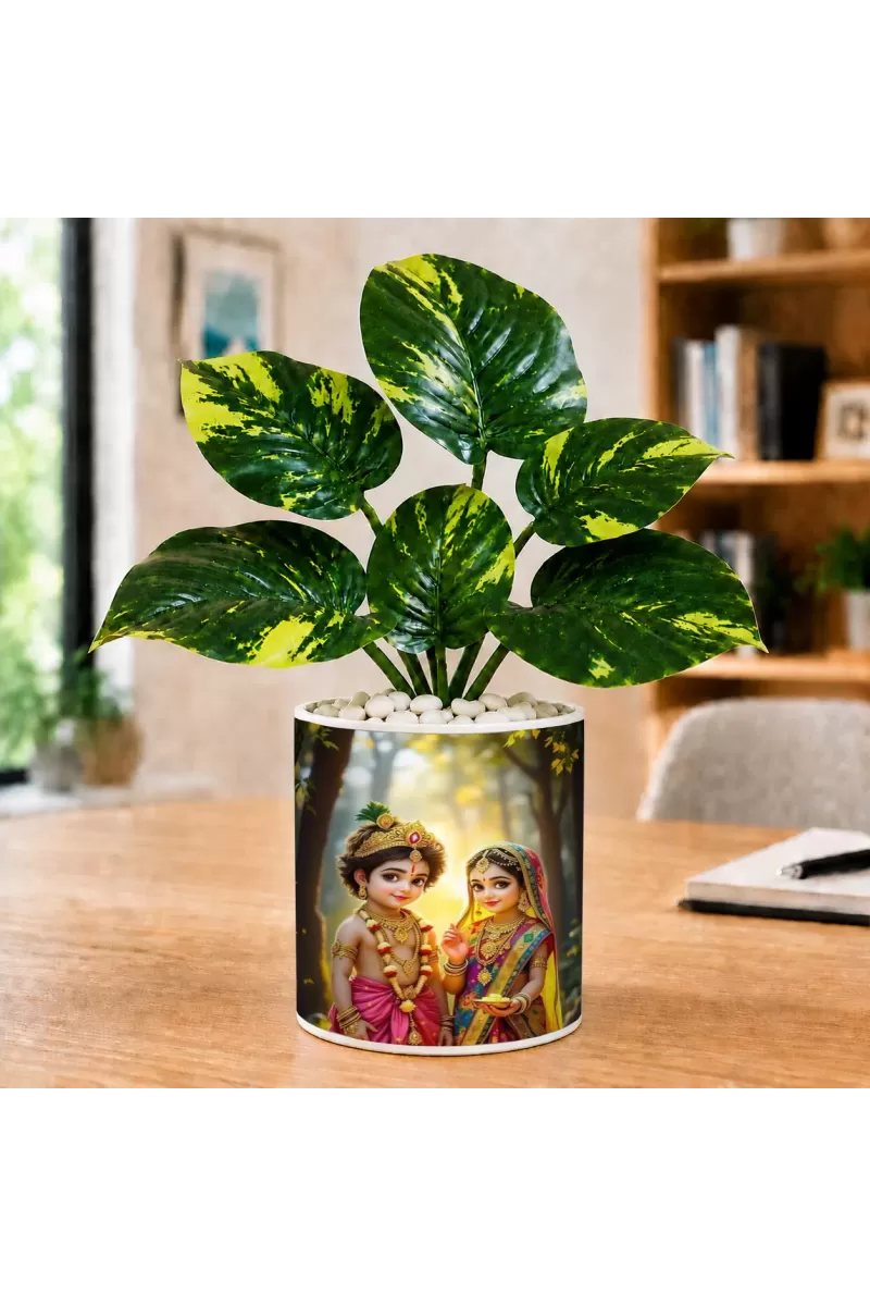 Artificial Tree Ceramic Photo Pot With White Stones 3x4 Inch (F166108)