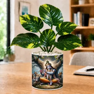 Artificial Tree Ceramic Photo Pot With White Stones 3x4 Inch (F166113)