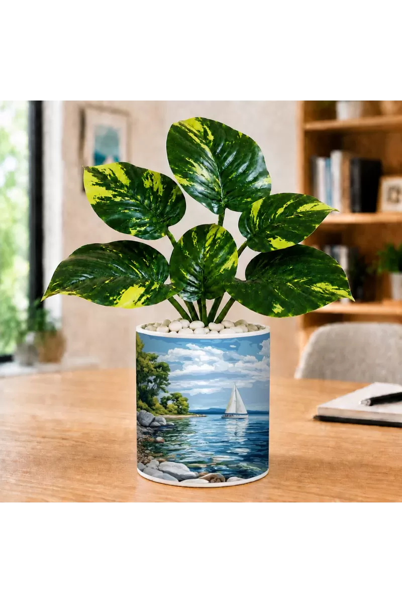 Artificial Tree Ceramic Photo Pot With White Stones 3x4 Inch (F166116)