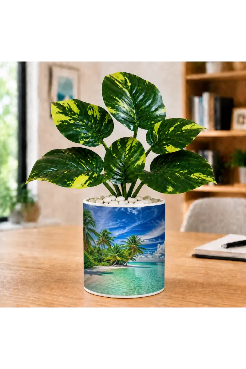 Artificial Tree Ceramic Photo Pot With White Stones 3x4 Inch (F166131)