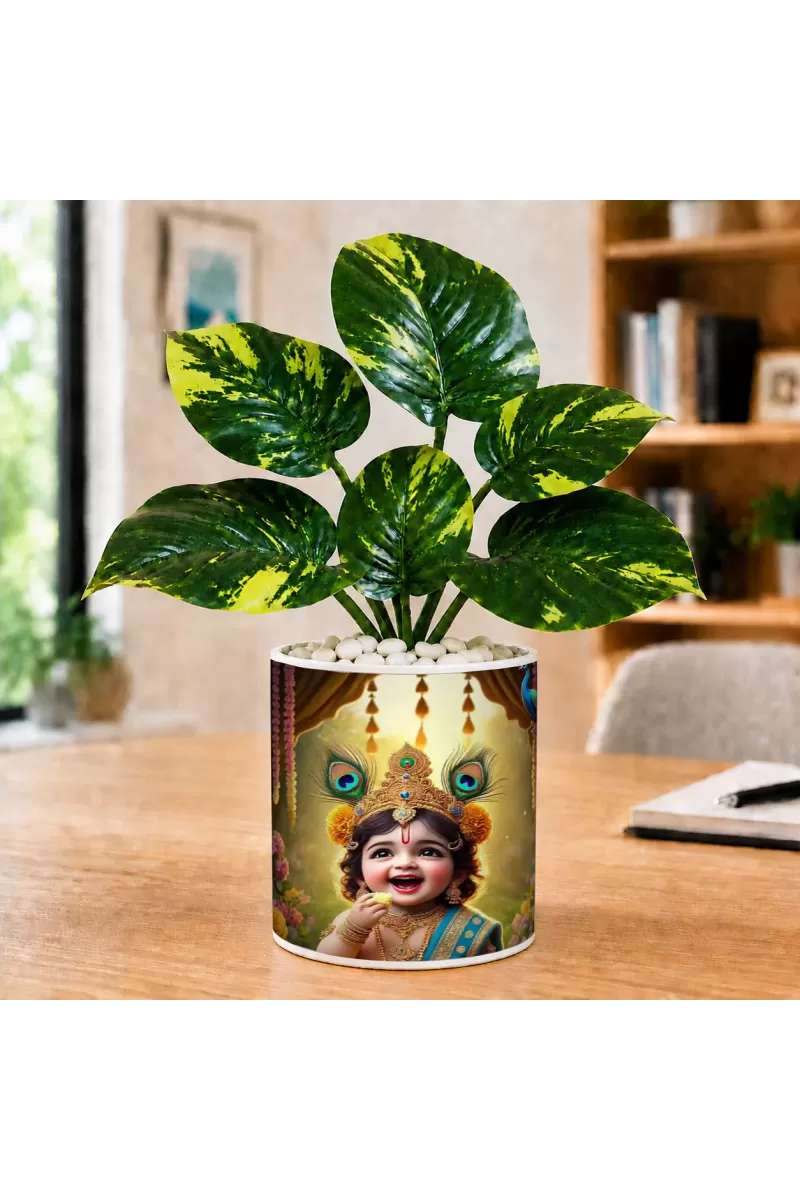 Artificial Tree Ceramic Photo Pot With White Stones 3x4 Inch (F166137)