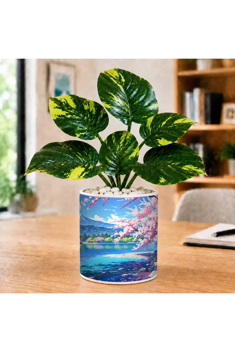 Artificial Tree Ceramic Photo Pot With White Stones 3x4 Inch (F166169)
