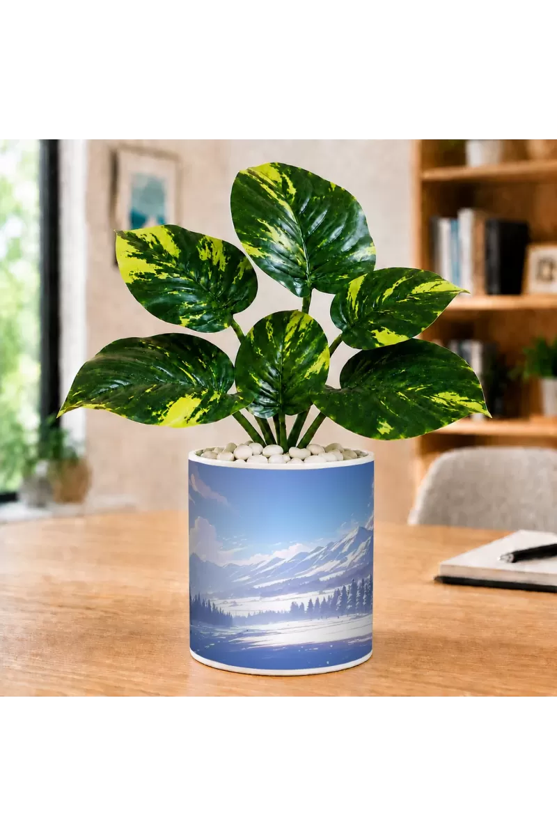 Artificial Tree Ceramic Photo Pot With White Stones 3x4 Inch (F166178)