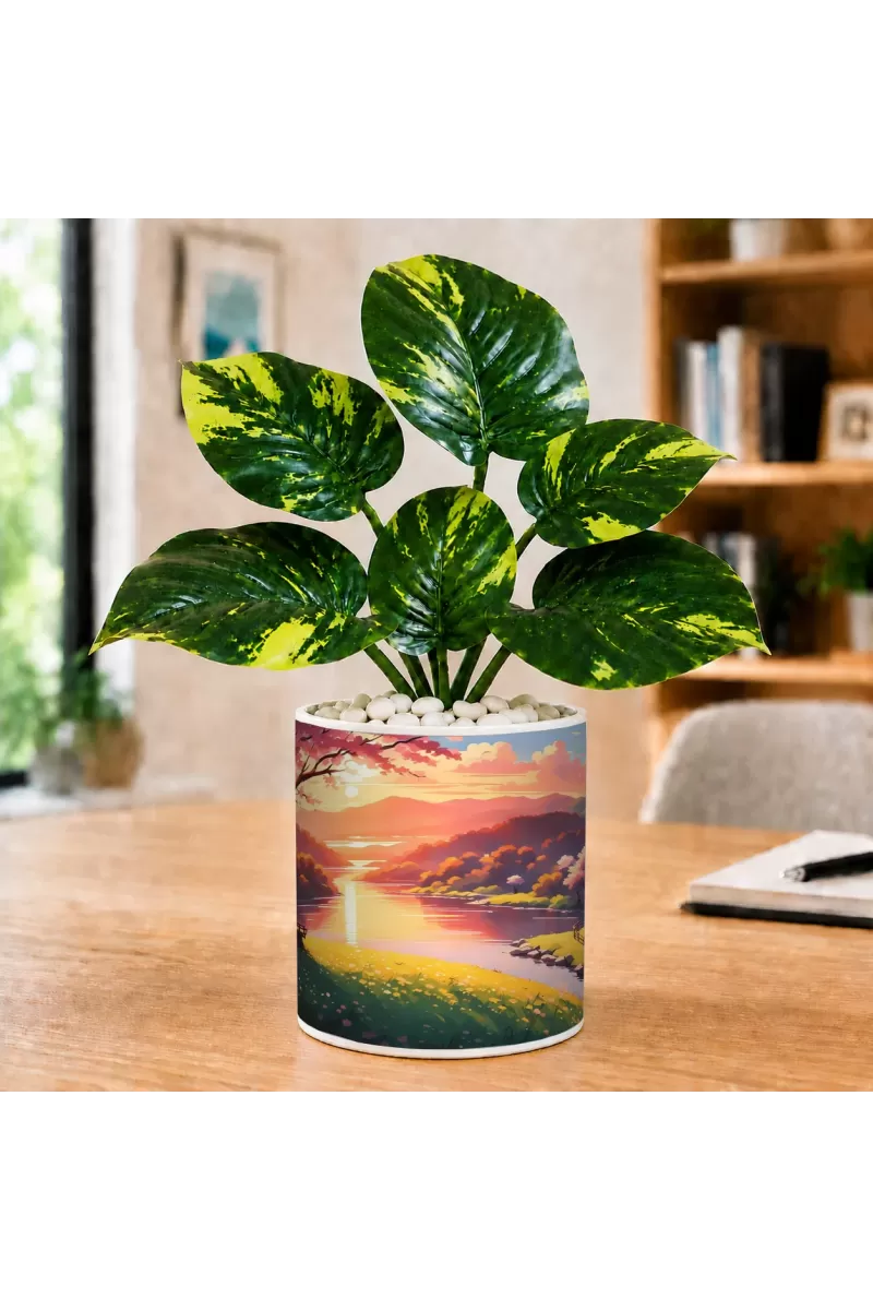 Artificial Tree Ceramic Photo Pot With White Stones 3x4 Inch (F166183)