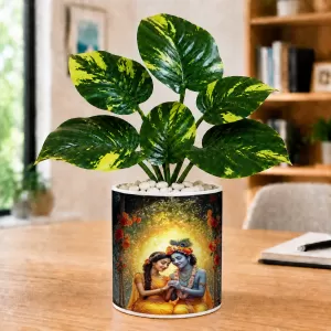 Artificial Tree Ceramic Photo Pot With White Stones 3x4 Inch (F166197)