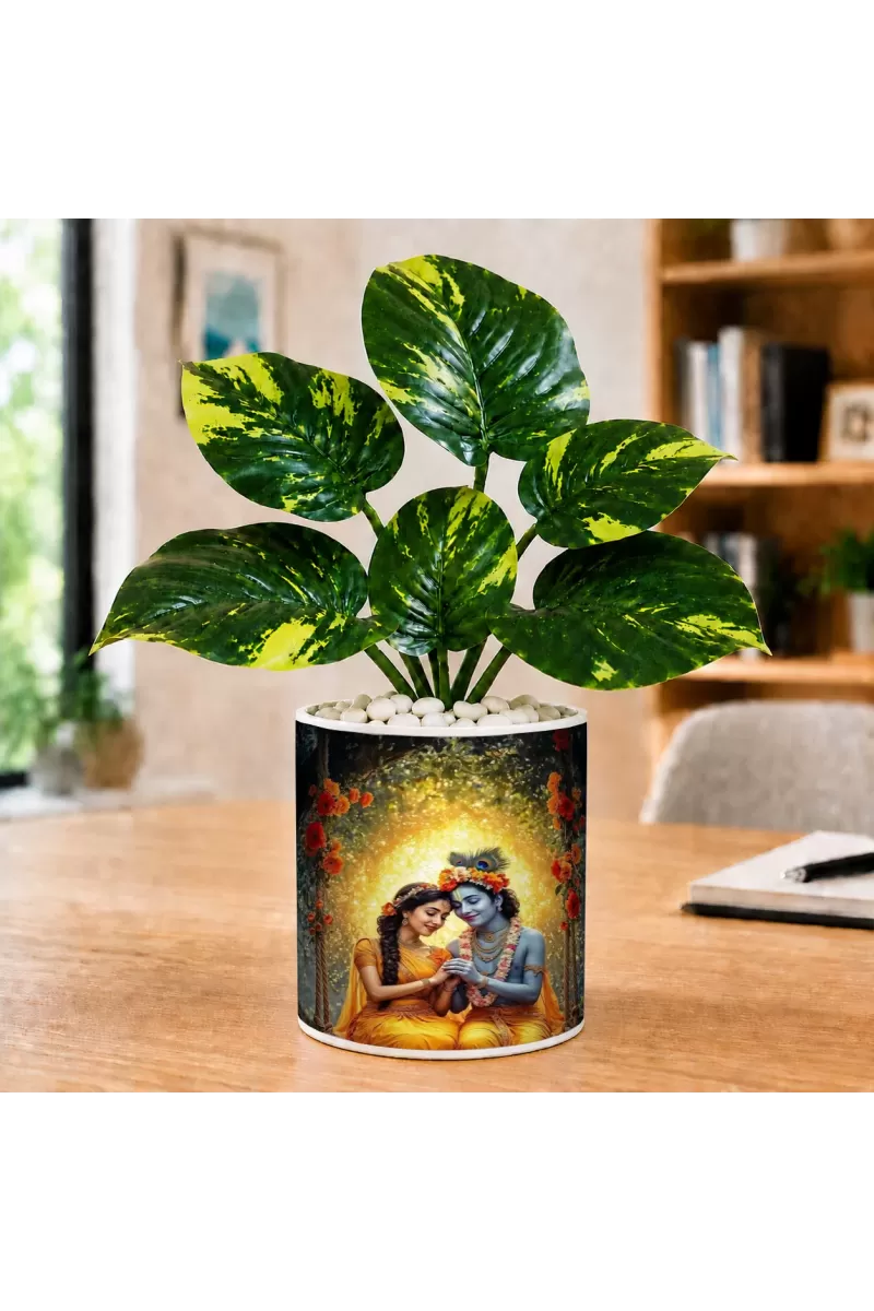 Artificial Tree Ceramic Photo Pot With White Stones 3x4 Inch (F166197)