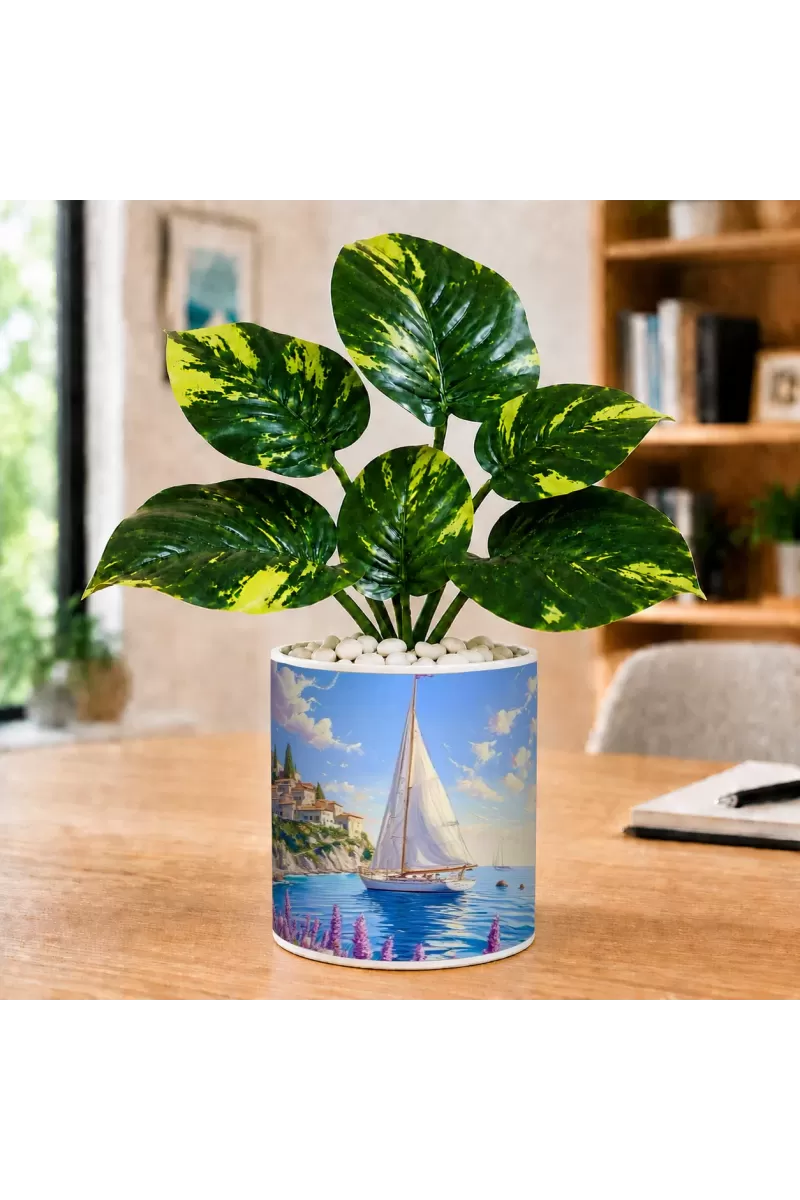 Artificial Tree Ceramic Photo Pot With White Stones 3x4 Inch (F166198)
