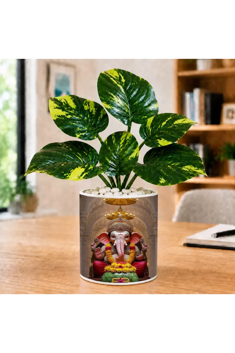 Artificial Tree Ceramic Photo Pot With White Stones 3x4 Inch (F166233)