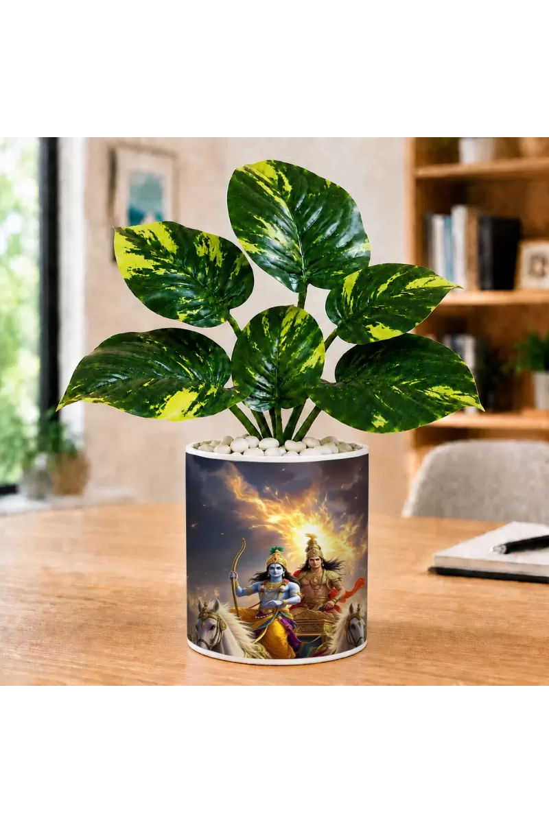 Artificial Tree Ceramic Photo Pot With White Stones 3x4 Inch (F166235)