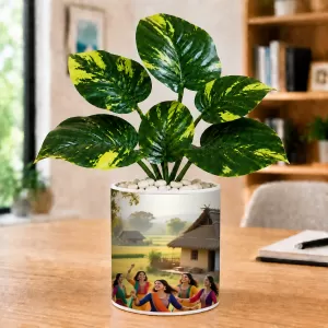 Artificial Tree Ceramic Photo Pot With White Stones 3x4 Inch (F166237)