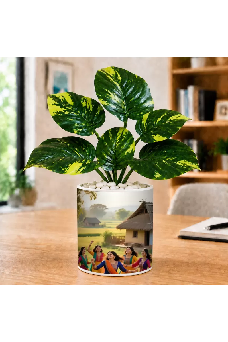 Artificial Tree Ceramic Photo Pot With White Stones 3x4 Inch (F166237)