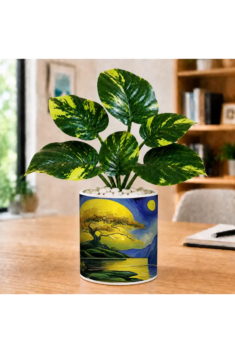 Artificial Tree Ceramic Photo Pot With White Stones 3x4 Inch (F166238)