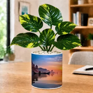Artificial Tree Ceramic Photo Pot With White Stones 3x4 Inch (F166240)