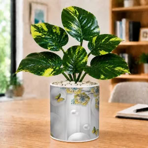 Artificial Tree Ceramic Photo Pot With White Stones 3x4 Inch (F166248)