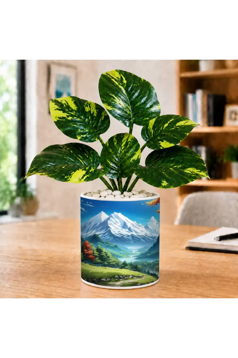 Artificial Tree Ceramic Photo Pot With White Stones 3x4 Inch (F166259)