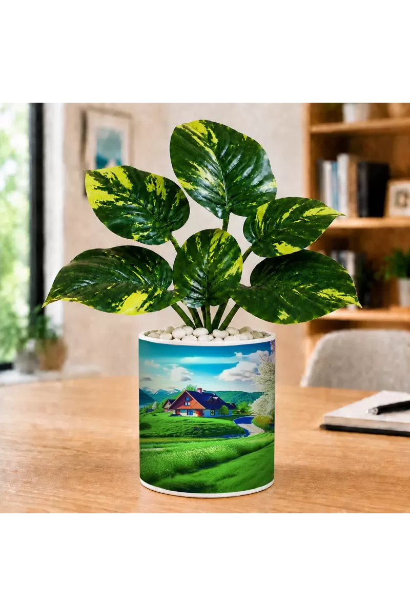 Artificial Tree Ceramic Photo Pot With White Stones 3x4 Inch (F166263)
