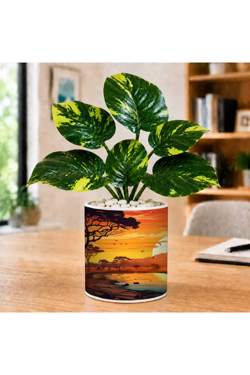 Artificial Tree Ceramic Photo Pot With White Stones 3x4 Inch (F166268)