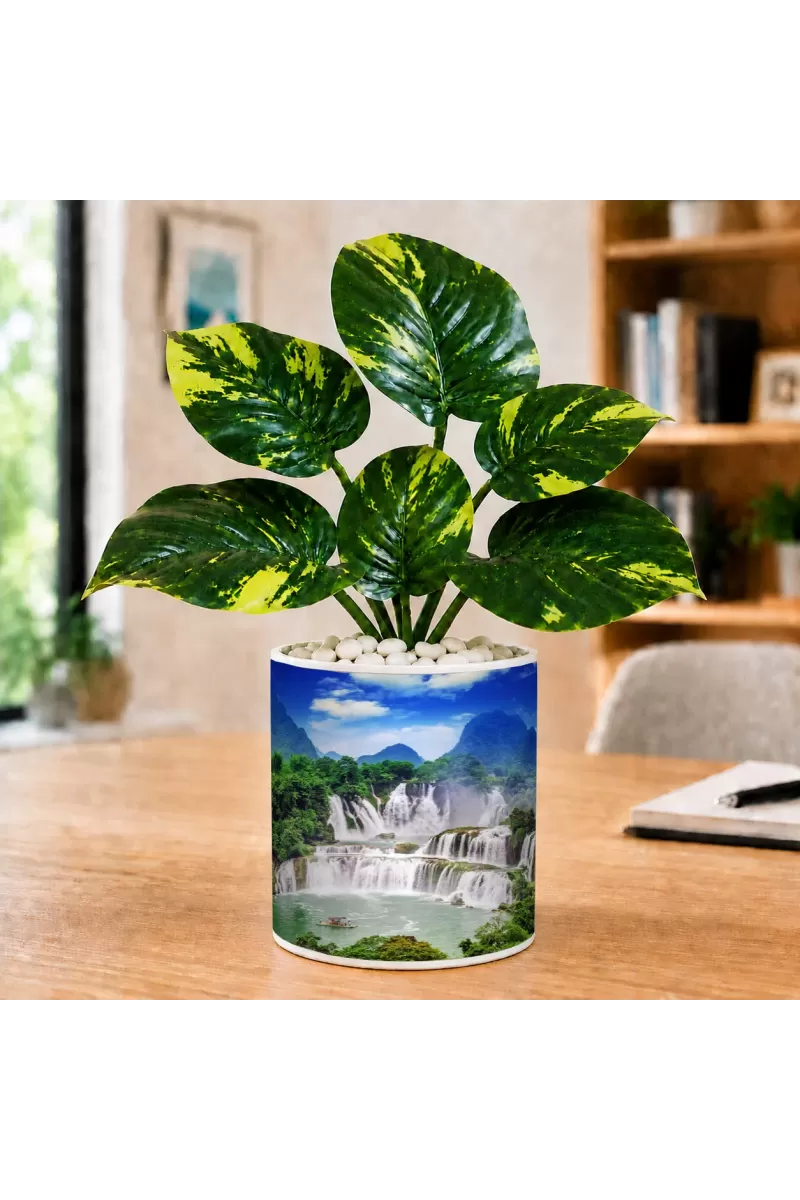 Artificial Tree Ceramic Photo Pot With White Stones 3x4 Inch (F166273)