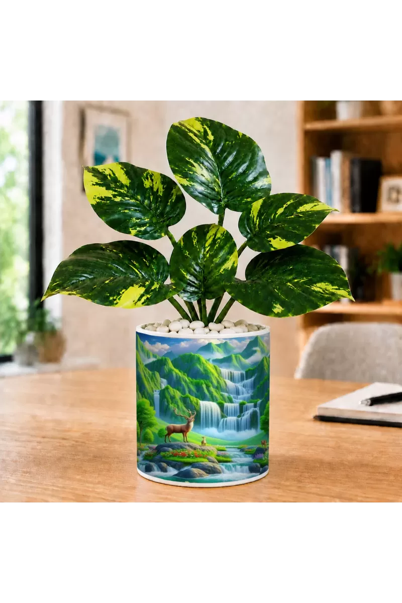 Artificial Tree Ceramic Photo Pot With White Stones 3x4 Inch (F166274)