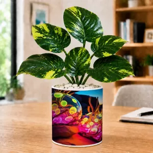 Artificial Tree Ceramic Photo Pot With White Stones 3x4 Inch (F166277)