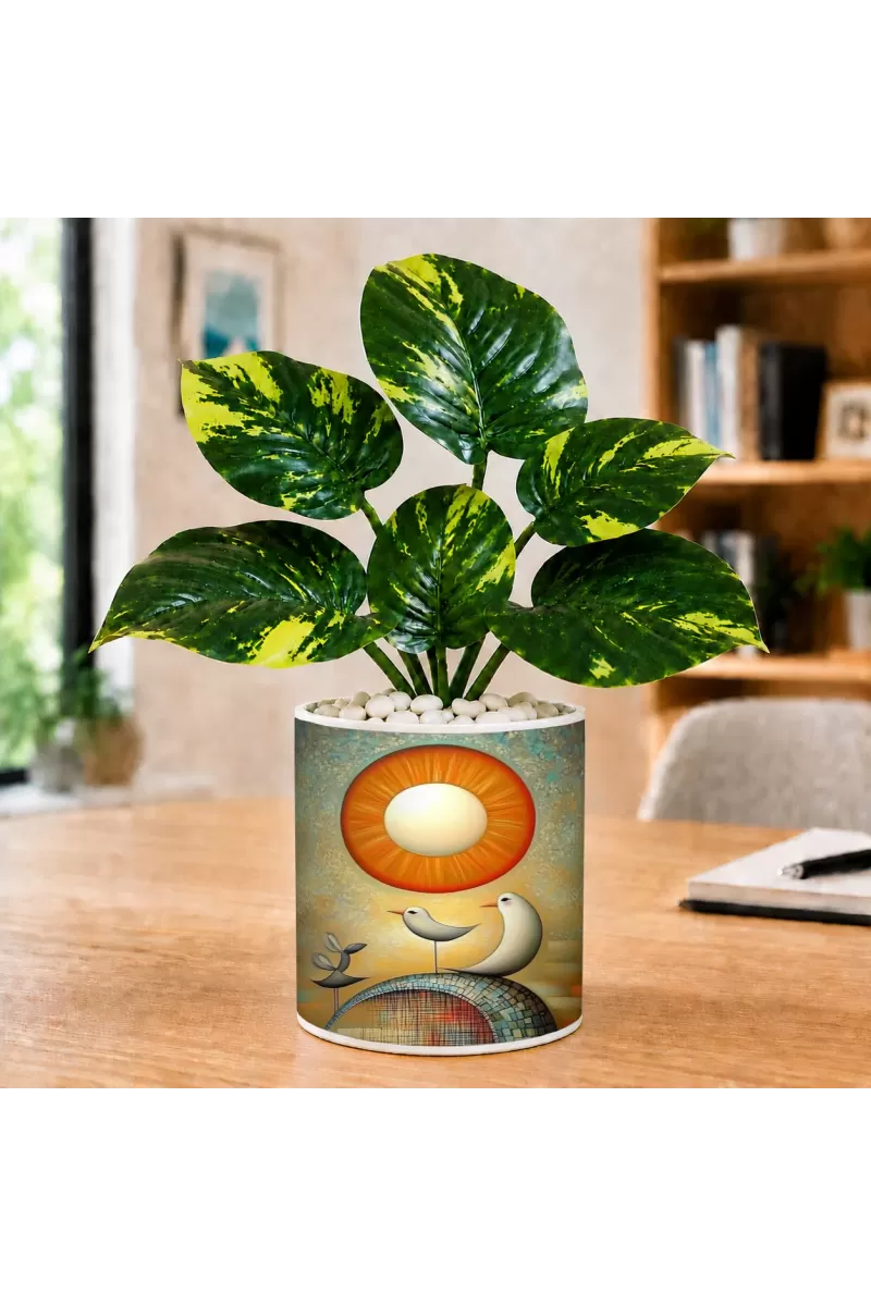 Artificial Tree Ceramic Photo Pot With White Stones 3x4 Inch (F166278)