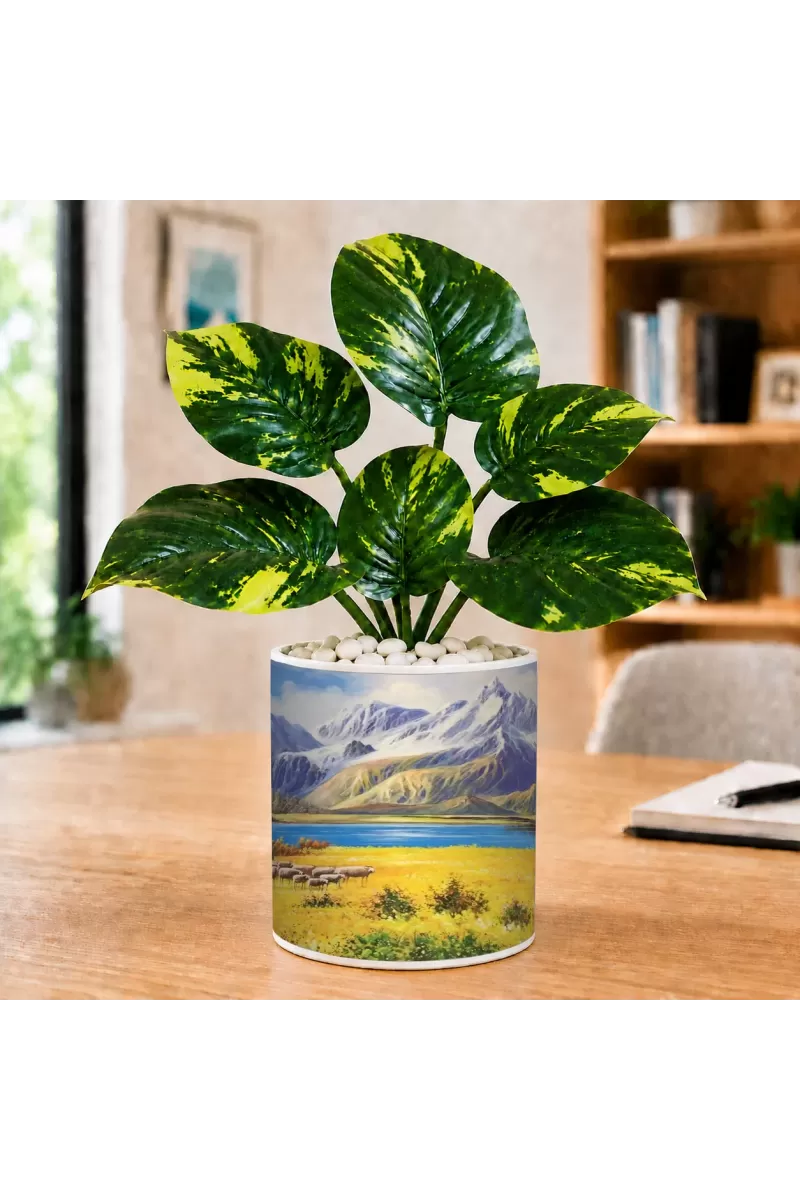 Artificial Tree Ceramic Photo Pot With White Stones 3x4 Inch (F166284)