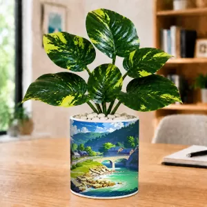 Artificial Tree Ceramic Photo Pot With White Stones 3x4 Inch (F166286)