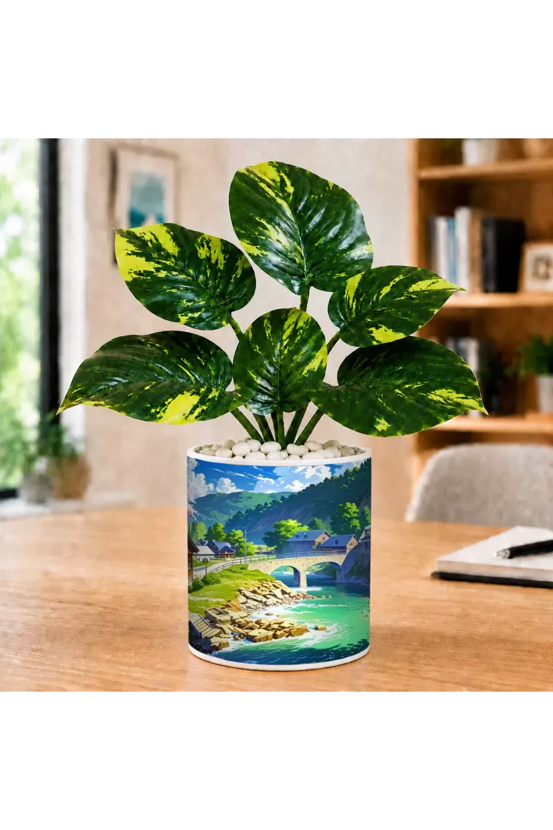 Artificial Tree Ceramic Photo Pot With White Stones 3x4 Inch (F166286)