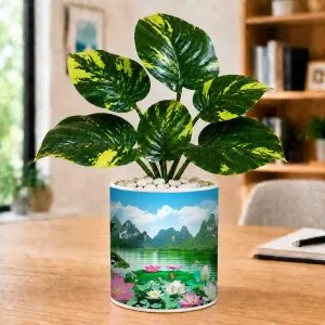 Artificial Tree Ceramic Photo Pot With White Stones 3x4 Inch (F166294)