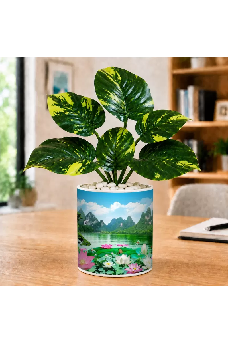 Artificial Tree Ceramic Photo Pot With White Stones 3x4 Inch (F166294)