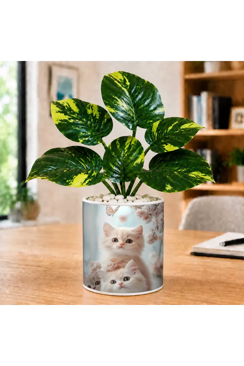 Artificial Tree Ceramic Photo Pot With White Stones 3x4 Inch (F166297)