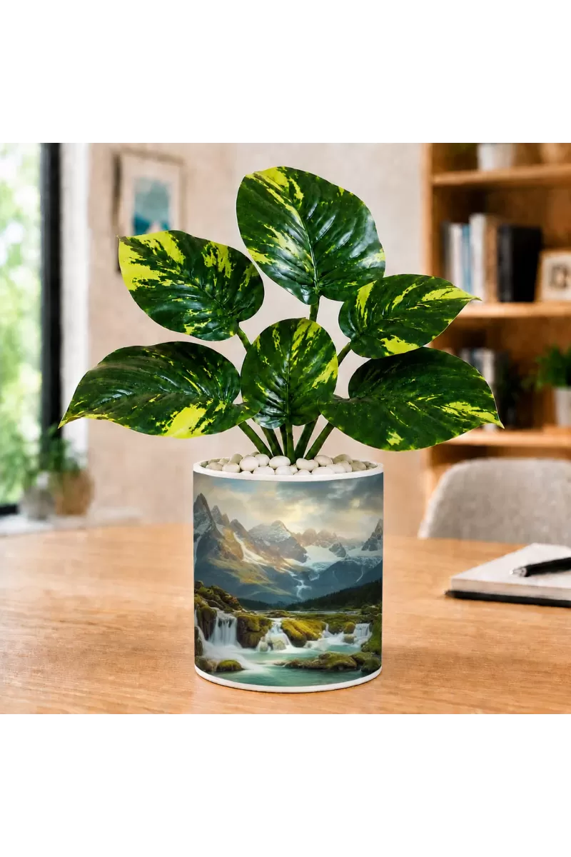 Artificial Tree Ceramic Photo Pot With White Stones 3x4 Inch (F166300)