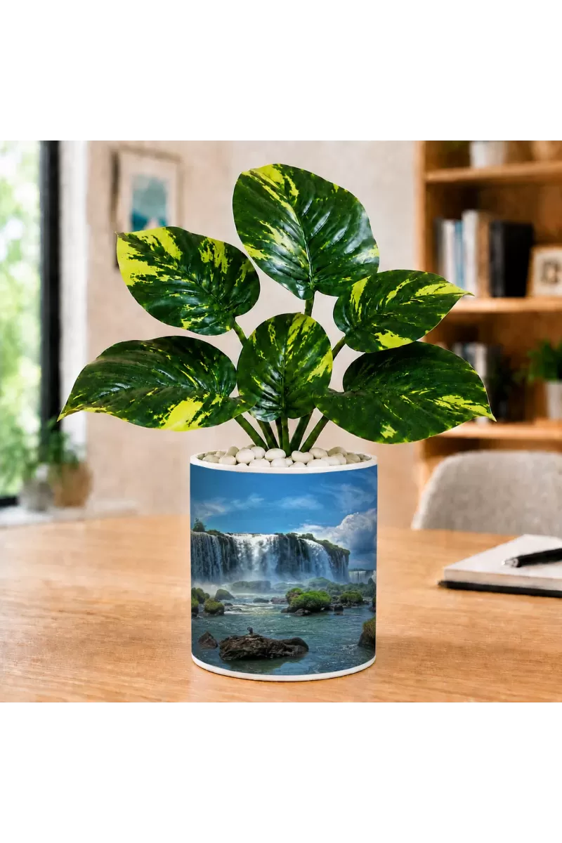 Artificial Tree Ceramic Photo Pot With White Stones 3x4 Inch (F166302)